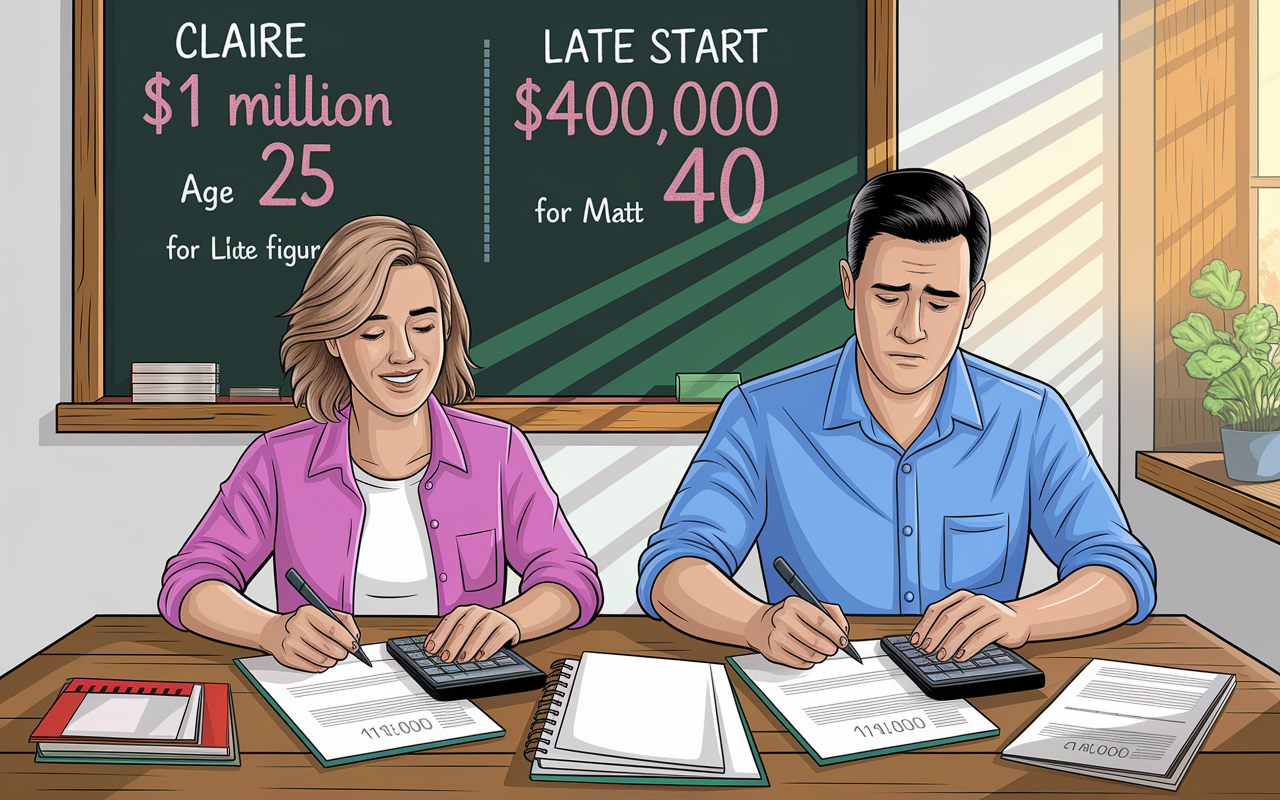 An inspiring illustration of two people, Claire and Matt, sitting at a wooden table with financial documents and calculators in front of them. Claire, bright and optimistic, is smiling as she drafts her saving plan at age 25, while Matt, looking concerned, observes his late start at age 40. A chalkboard in the background highlights key figures: $1 million for Claire and $400,000 for Matt. The atmosphere is warm and motivational, with sunlight streaming through a nearby window, symbolizing hope and planning.