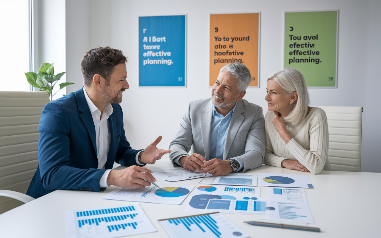 A focused financial planner, seated at a sleek modern desk, discussing retirement options with a middle-aged couple. Various documents, pie charts, and financial tools are spread out on the desk, showing detailed insights into cash flow, healthcare costs, and tax implications. The room is bright and professional, with motivational posters on the wall about effective planning. The couple appears engaged and relieved, symbolizing partnership and confidence in their future.