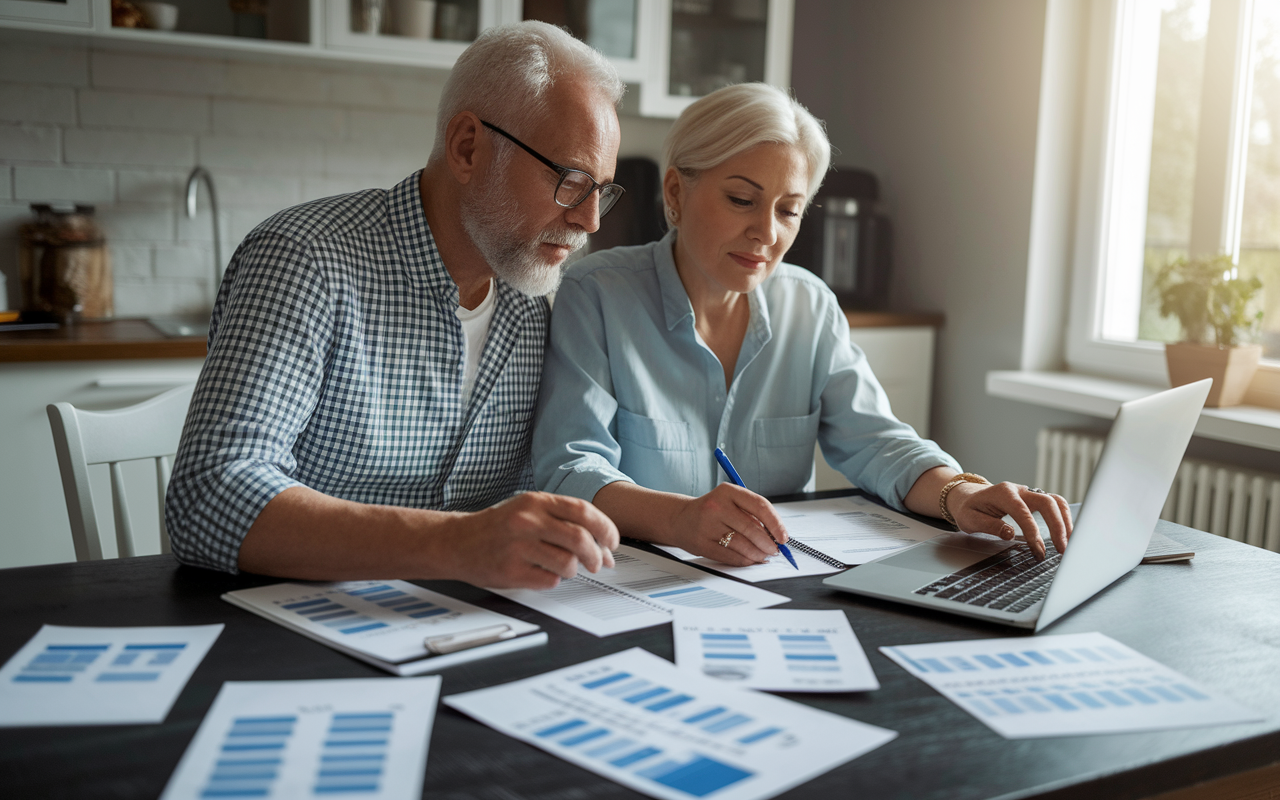 A thoughtful scene depicting an older couple reviewing healthcare plans at home, surrounded by health-related materials and pamphlets. They are seated at a kitchen table, calculating expenses with a laptop open. The atmosphere is warm and reflective, with natural light pouring in through a window, conveying their determination to plan responsibly for future healthcare needs.