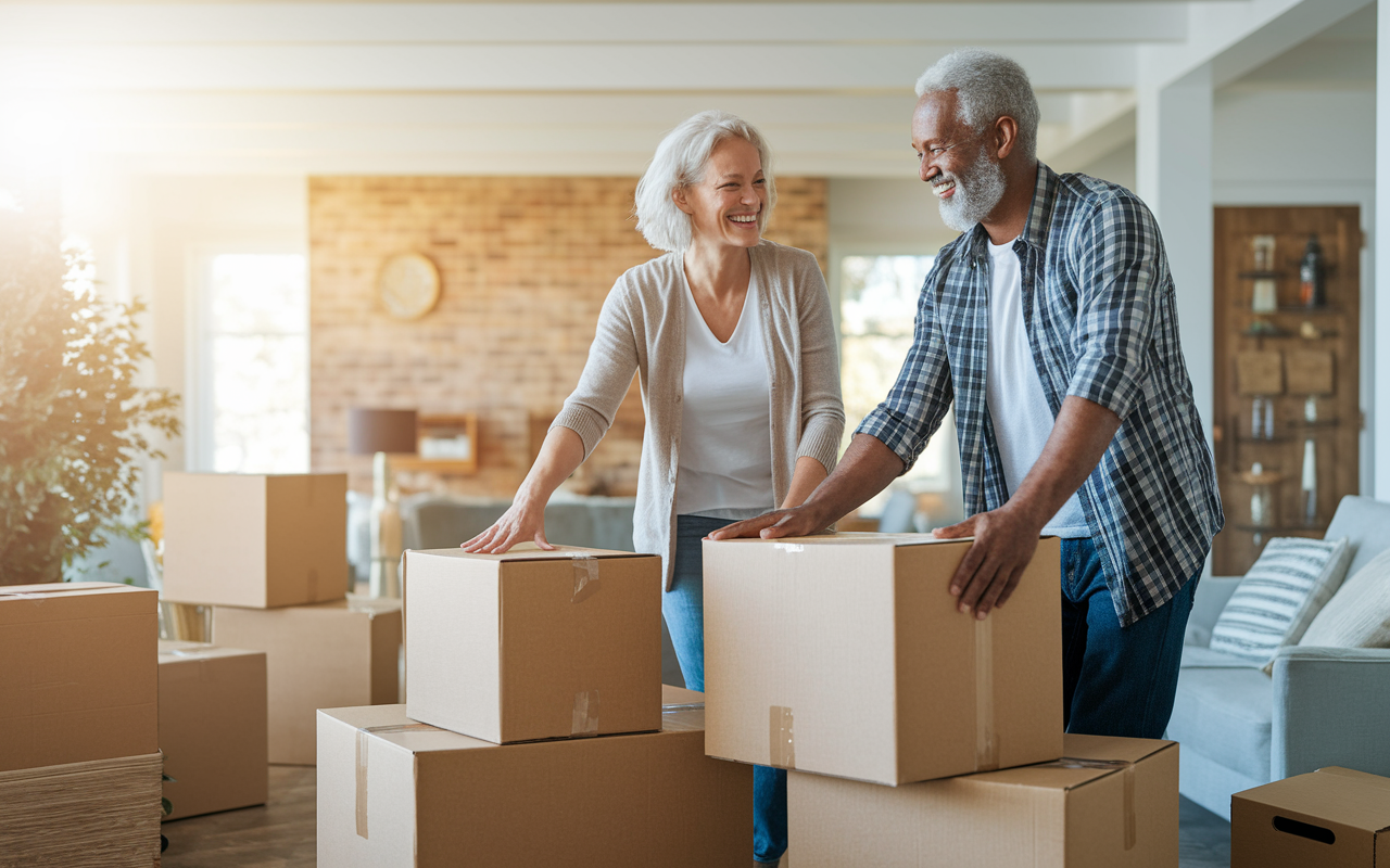 An uplifting scene of an older couple happily packing boxes in their spacious home, preparing for a move to a smaller, cozier dwelling. They smile at each other, surrounded by memories and cherished possessions, representing the transition to a more simplified lifestyle. Sunlight fills the room, creating a warm and hopeful atmosphere, emphasizing the positive changes associated with more thoughtful spending.