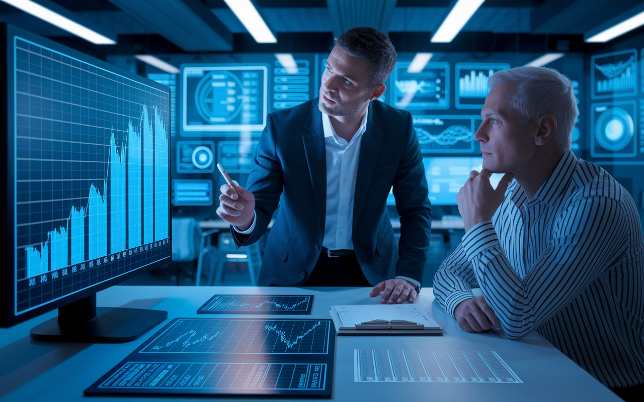 An analytical scene showing a financial advisor with a client at a futuristic office filled with technology. The advisor points to interactive graphs displaying the historical data of inflation and its predicted impact on future costs. The client looks thoughtful, taking notes, illuminated by the screens' glow. The environment suggests innovation and foresight, emphasizing the importance of understanding financial trends for retirement.