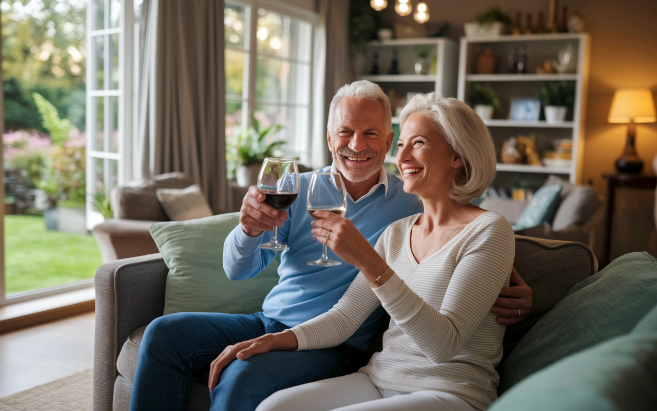 A vibrant scene of an older couple celebrating in their cozy living room, surrounded by mementos of their travels and family gatherings. They toast with glasses of wine, showcasing the joy of a fulfilling retirement, embodying happiness and confidence. The room is warmly lit, and the view of a beautiful garden through the windows adds to the sense of peace and accomplishment in their retired life.