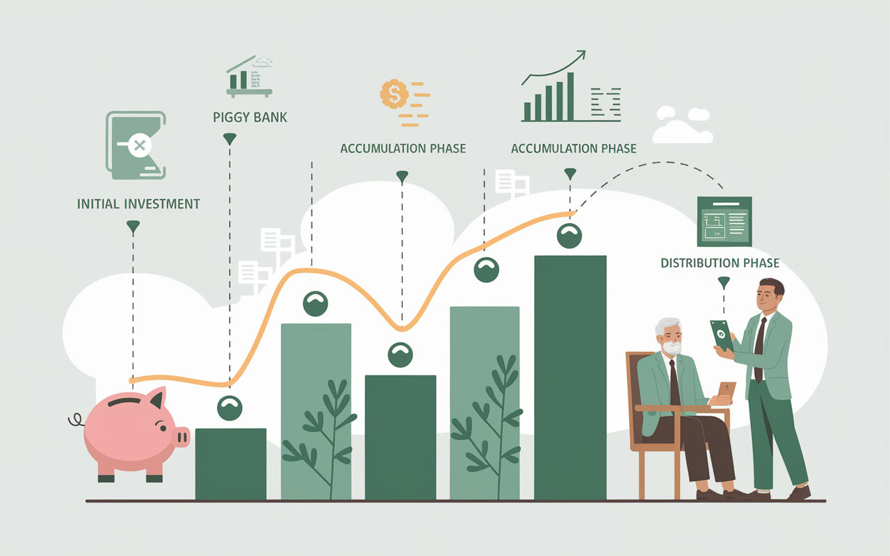 An infographic-style illustration that depicts the concept of annuities: a flowchart showing the process starting from initial investment, accumulation phase, to distribution phase. Visual icons for a piggy bank, growth charts, and a retiree receiving payments illustrate the financial journey. The background is soft and soothing, emphasizing the clarity and structure of annuities.