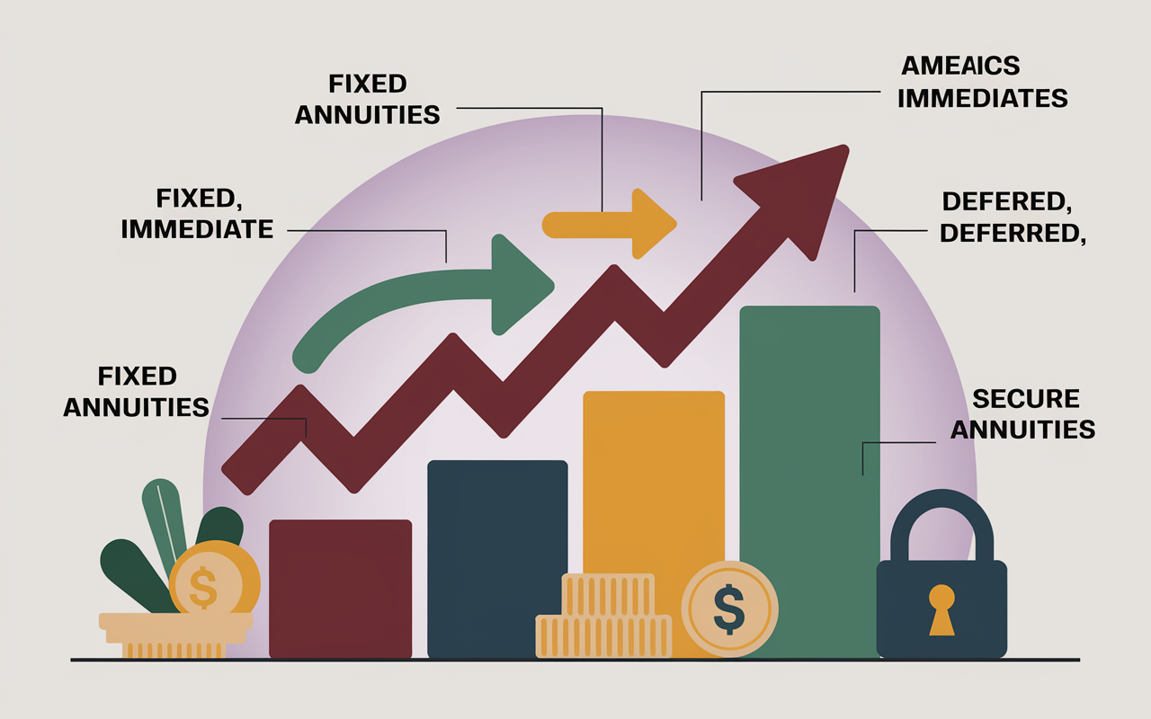 A visually rich representation illustrating different types of annuities: Fixed, Variable, Immediate, Deferred, and Indexed. Each type is labeled and complemented with graphical elements such as a rising arrow for variable annuities and a secure lock for fixed annuities. The background features a gradient symbolizing financial growth and security.