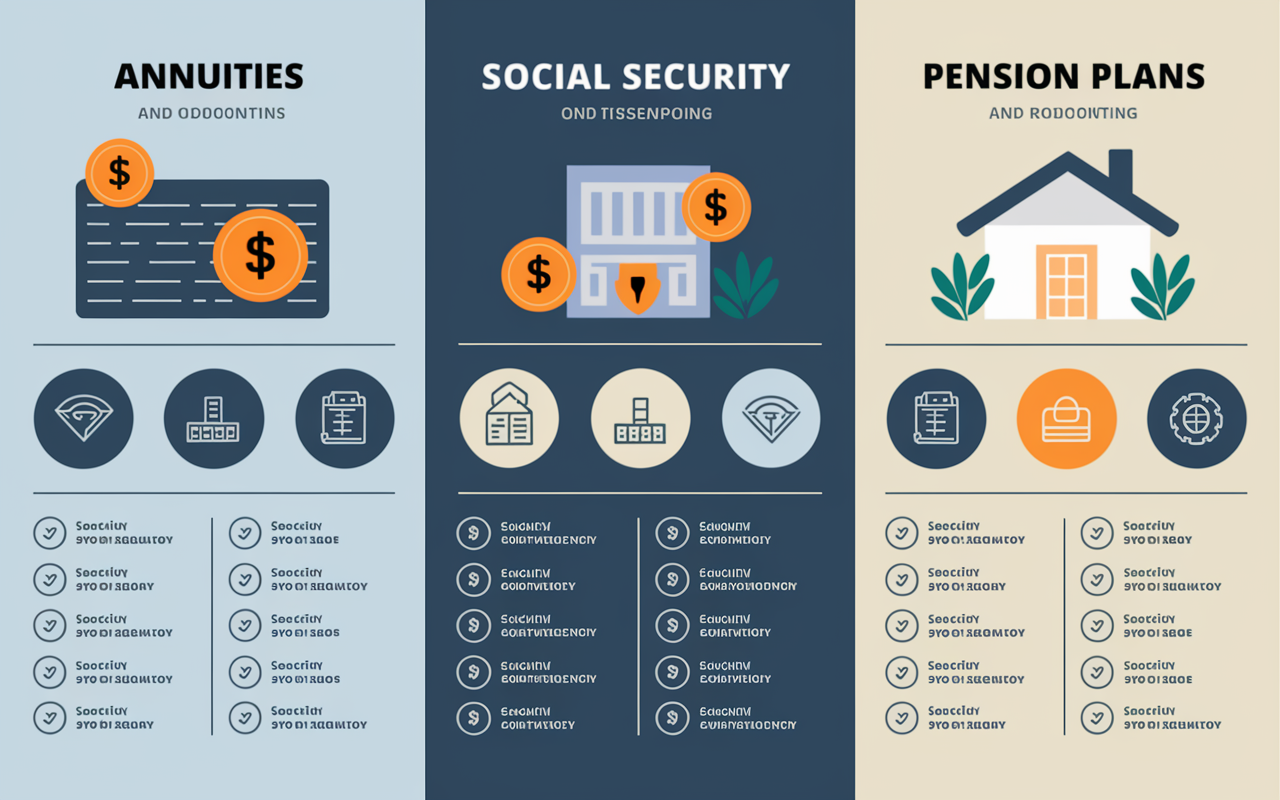 A comparative chart or infographic juxtaposing annuities, Social Security, and pension plans in a visually engaging layout. Each section lists key benefits and features using icons and color-coded labels, highlighting the strengths and weaknesses of each income source for retirement planning.