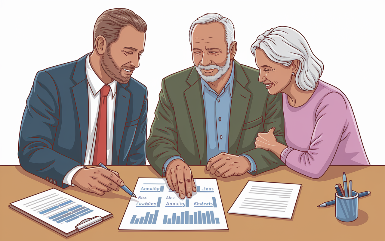 A thoughtful scene illustrating a financial advisor and a retiree couple at a desk with pens, papers, and charts. The advisor is pointing at a document detailing various annuity plans, emphasizing personalized consultation. The atmosphere is warm and informing, with light shining on their engaged expressions, representing a crucial decision-making moment.