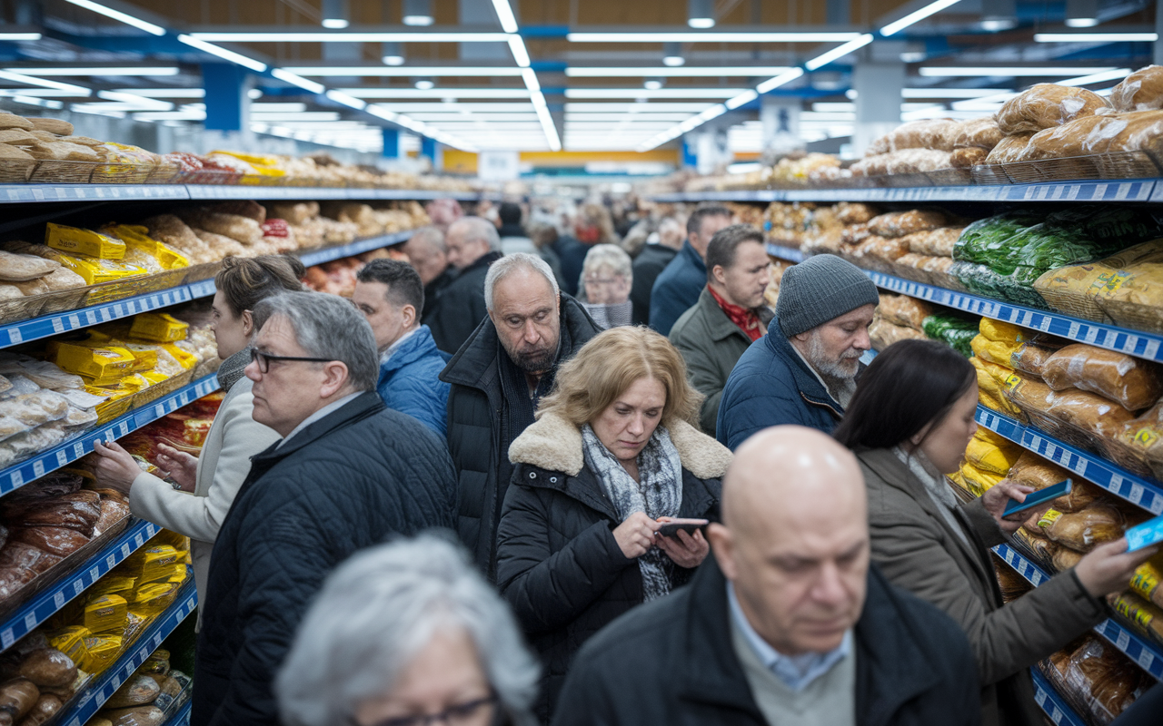 A bustling grocery store filled with shoppers of varied ages, capturing the daily hustle of life. Shelves are stocked with various foods, showing price tags gradually increasing on essentials like bread and milk. Fluorescent lights illuminate the scene, giving it a realistic atmosphere, while shoppers check their phones for prices; the expression on their faces shows concern over rising costs with subtle hints of anxiety.