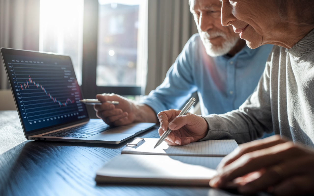 A close-up of an aging couple sitting at their dining table with a laptop open, displaying charts of historical inflation rates. They have pens in hand, thoughtfully analyzing their financial projections. Sunlight pours through a nearby window, casting a warm glow on their faces, emphasizing their determination to prepare wisely for retirement as they also take notes.