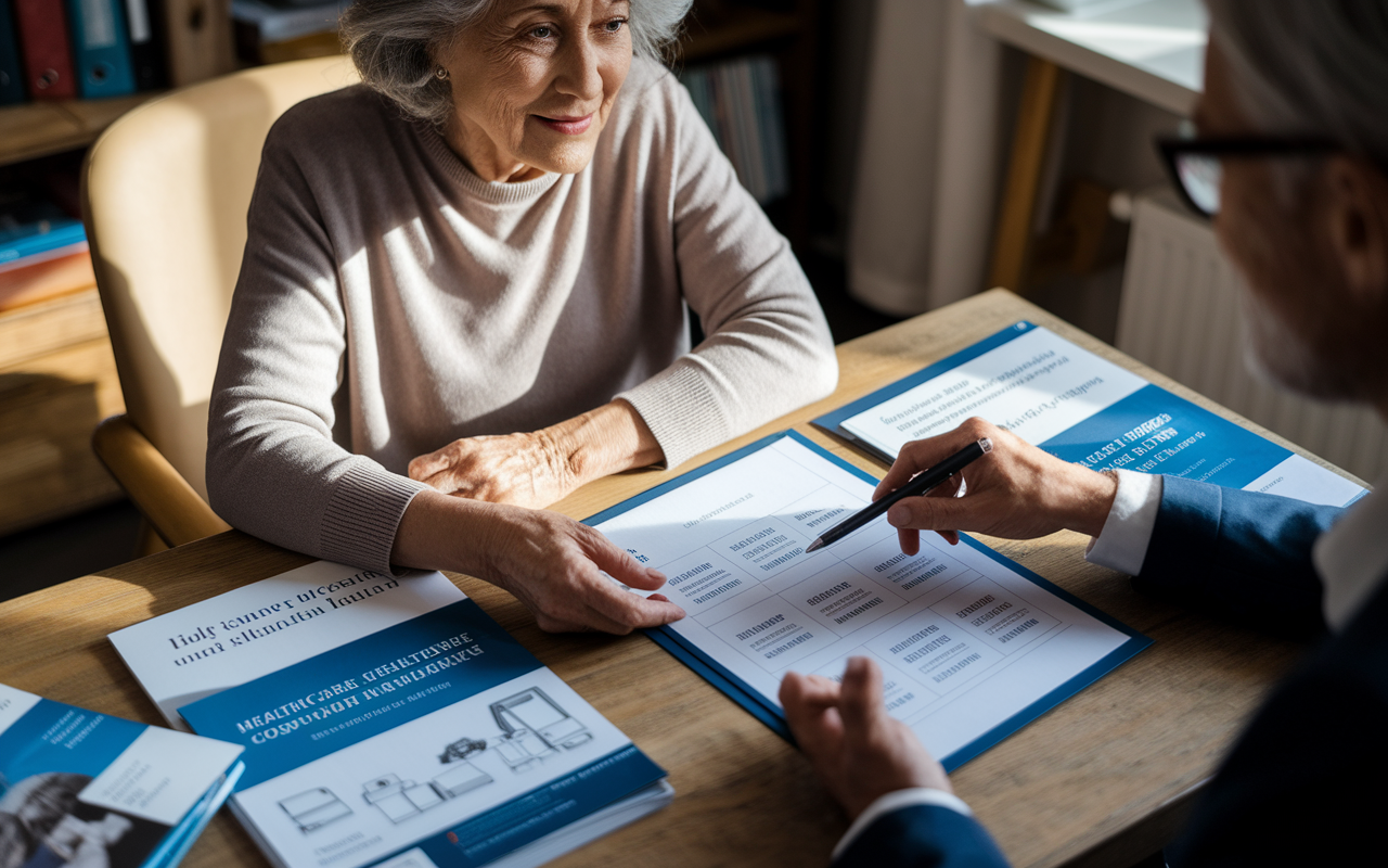 An elderly woman with gray hair is consulting a financial advisor in a cozy office, surrounded by brochures related to healthcare plans and insurance. The advisor is pointing at a document outlining various healthcare cost scenarios. The room is warm and inviting, with sunlight casting soft shadows, emphasizing the importance of planning for healthcare in retirement.