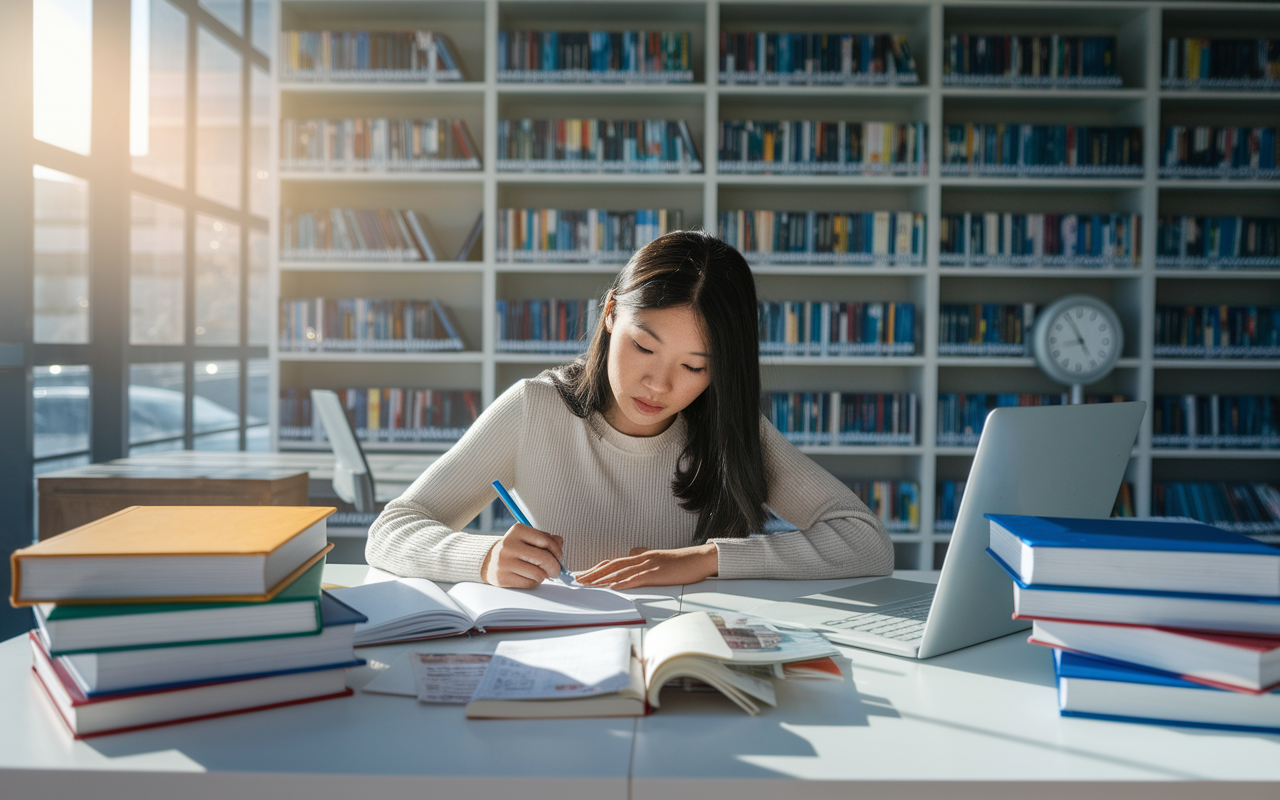 A focused student studying in a modern, well-lit library filled with books on biology, chemistry, and physics. The student, a young woman of Asian descent, is surrounded by textbooks, notes, and a laptop, deeply engaged in research. Sunlight streams in through the library windows, casting soft shadows across the table. A nearby clock shows the late afternoon, symbolizing the commitment and patience required for a pre-med curriculum.