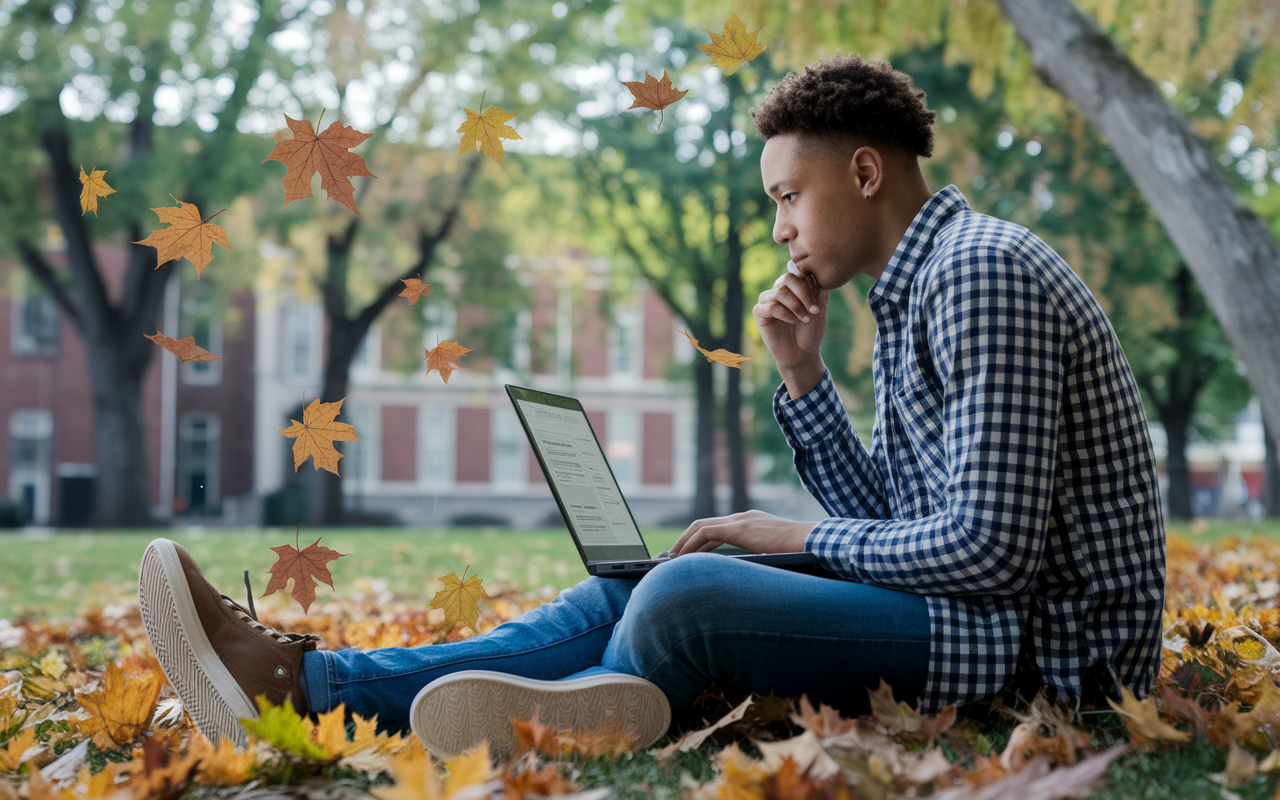 A contemplative student sitting in a park, reflecting on their pre-med journey while reviewing options on a laptop. The scene shows autumn leaves falling, symbolizing change and growth. The student is thoughtfully considering their academic focus and potential transfer options, with a look of determination and optimism about the future.