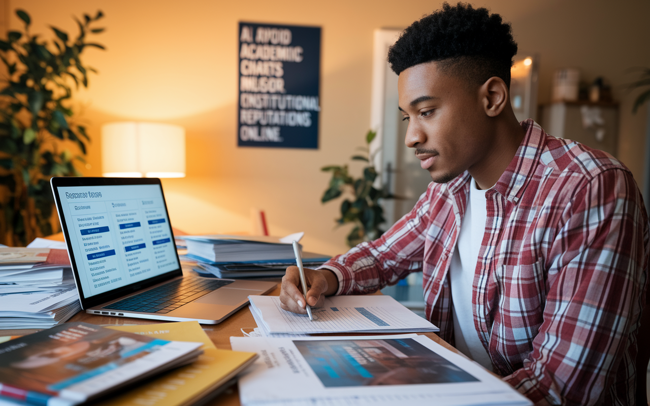 A young male student of Black descent sitting at a desk strewn with papers and college brochures, intensely researching various pre-med programs online. The room is warmly lit, with a motivational poster on the wall. A laptop screen displays comparison charts of program specifications, highlighting academic interests, course rigor, and institutional reputations. The student displays a look of determination and focus as he plans his future.