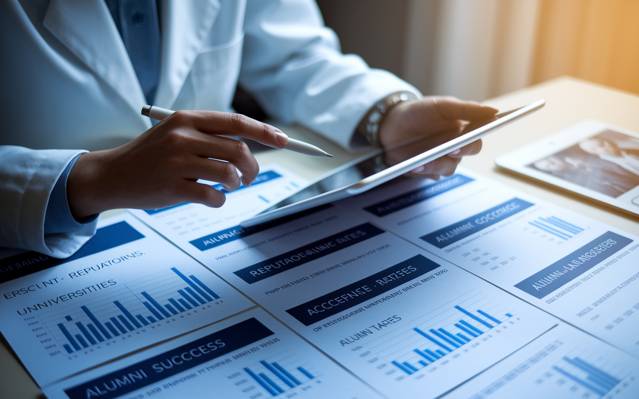 A close-up view of a researcher analyzing data on a tablet, surrounded by various documents regarding different universities' reputations and acceptance rates. A soft, diffused light highlights key statistics and alumni success stories laid out on the table. The researcher appears analytical and thoughtful, emphasizing the careful consideration required for selecting a reputable pre-med program.