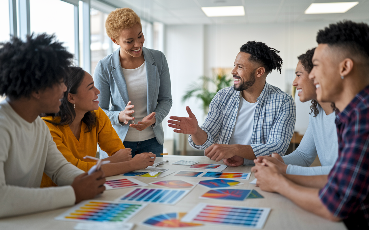 An engaging scene of a university advisor meeting with a group of diverse students in a bright, inviting office. They are discussing program specifics with colorful charts and brochures spread out on the table. The advisor is animated, outlining the importance of elective courses and research opportunities. The atmosphere conveys excitement and collaboration, symbolizing the support available in pre-med programs.