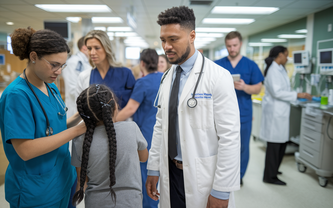 A young medical student shadowing a doctor in a bustling hospital environment. The scene shows healthcare professionals interacting with patients—one attending to a child's needs, while another discusses treatment options. The setting is lively, with medical equipment and staff working diligently, highlighting the hands-on clinical experience pre-med students gain before medical school.