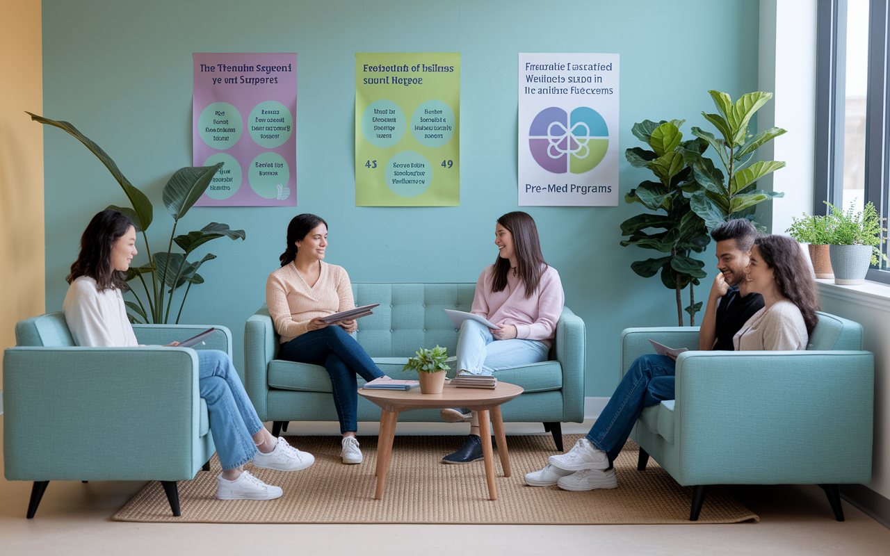 A serene and supportive college counseling center showing students engaged with mental health professionals in calming settings. Soft pastel colors and cozy furniture create a friendly environment. There are posters on the wall promoting wellness resources, and students of different backgrounds interacting, emphasizing the importance of mental health support in achieving academic success in pre-med programs.