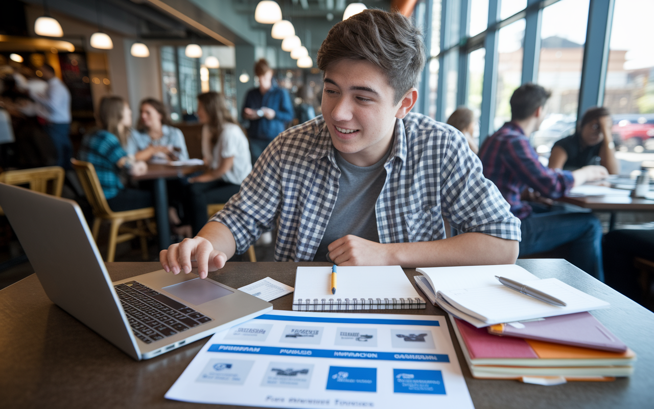 A student exploring various pre-med program options in a lively coffee shop, with a laptop open on the table alongside notebooks filled with notes. The student looks excited as they scroll through information on program locations, financial details, and campus cultures. The background features other students engaged in discussions, creating a vibrant academic atmosphere.