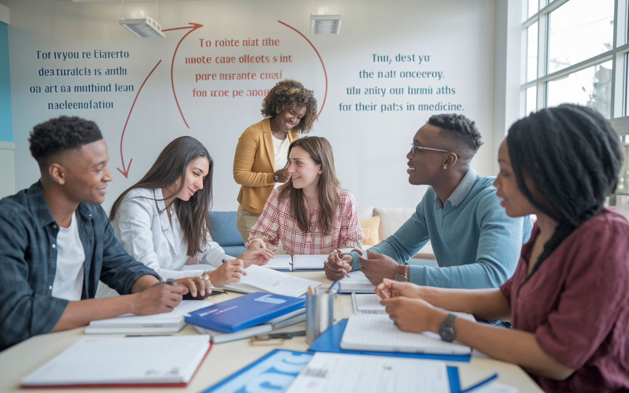 An inspirational study session focused on MCAT preparation with study materials, practice tests, and motivational quotes on the walls. A diverse group of pre-med students collaborates at a table, actively discussing strategies and academic resources. The room is brightly lit, showcasing a sense of determination and camaraderie, as they prepare for their future paths in medicine.