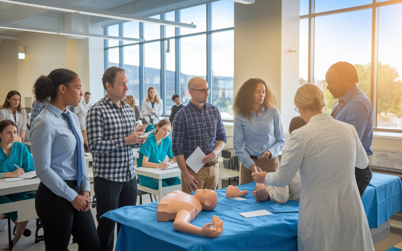 A team of evaluators observing a medical classroom during a site survey. The scene captures diverse evaluators reviewing teaching methods, engaging with students, and taking notes. The classroom is filled with medical students attentively listening to a teacher demonstrating a procedure on a simulation mannequin. Bright, natural light floods through the windows, creating an atmosphere of active learning and assessment.