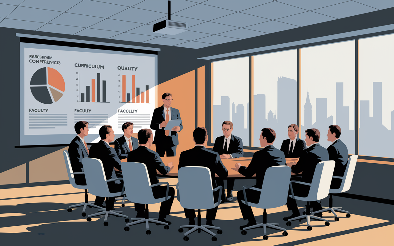 An illustrative scene depicting a group of accreditation officials discussing the factors considered in the accreditation process in a modern conference room. Charts and graphics representing curriculum quality and faculty qualifications are displayed on a projector. The atmosphere is professional with natural light streaming in, highlighting the seriousness and importance of the discussion.