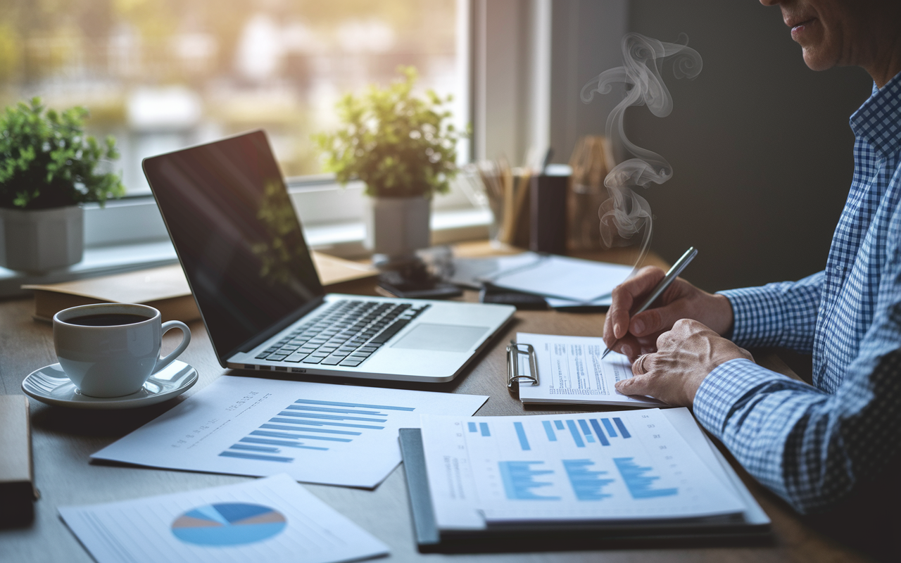 Visual representation of a thoughtfully designed workspace with a middle-aged person working on a laptop surrounded by paperwork. The desk displays charts and graphs on personal finances. A coffee cup sits nearby, steam rising, while a small plant adds a touch of greenery. Natural light streams in through a window, symbolizing clarity and focus as they evaluate their financial situation. The atmosphere is one of contemplation and motivation.