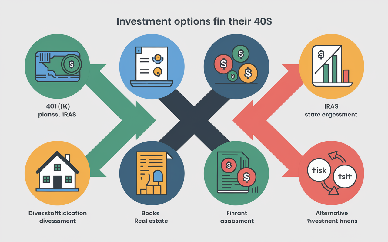 An infographic-style visual depicting various investment options for individuals in their 40s. Show icons for 401(k) plans, IRAs, stocks, bonds, real estate, and alternative investments, each in vibrant colors. Include arrows and brief captions that emphasize diversification and risk assessment, creating a clear and engaging overview. The design is modern and appealing, suitable for a financial advisory brochure.