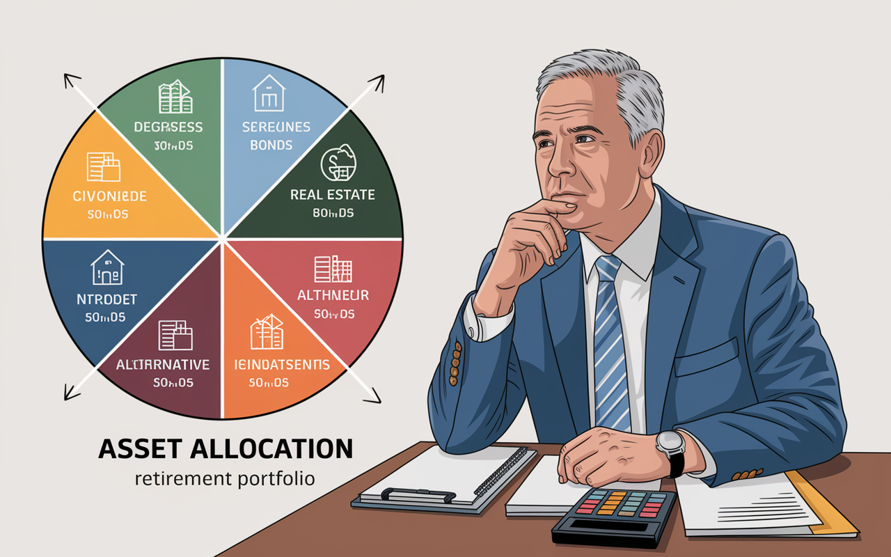 A detailed pie chart representing asset allocation for a diversified retirement portfolio. The chart divides into slices for stocks, bonds, real estate, and alternative investments, each illustrated with small icons to represent their nature. Surrounding the chart, a middle-aged investor looks at it thoughtfully, with notepads and a calculator nearby, reflecting a serious approach to financial planning.