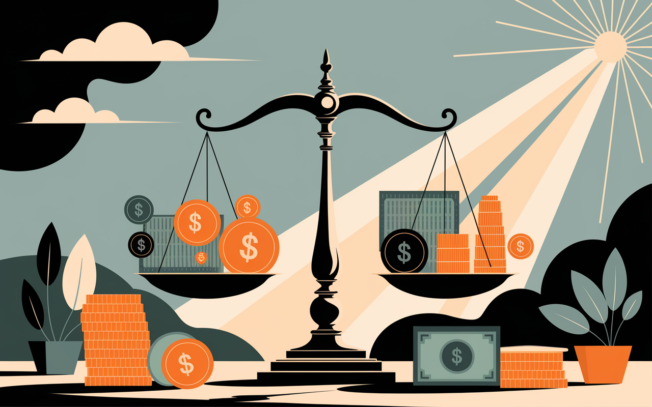 An elegant illustration of a retirement portfolio showing balanced asset allocation. Visual elements such as a scale balancing stocks, bonds, and cash equivalents. A peaceful background with light clouds and rays of sunlight peering through signifies a bright financial future. The style is artistic, modern, and motivational.