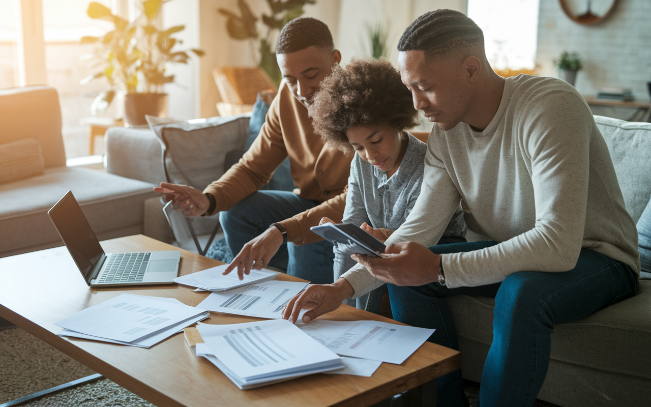 A family sitting together in their living room, reviewing their financial plan together with laptops and documents spread out on a coffee table. They look engaged and cooperative, reflecting teamwork in financial planning. Warm afternoon light fills the room, symbolizing hope and proactive decision-making for their future.