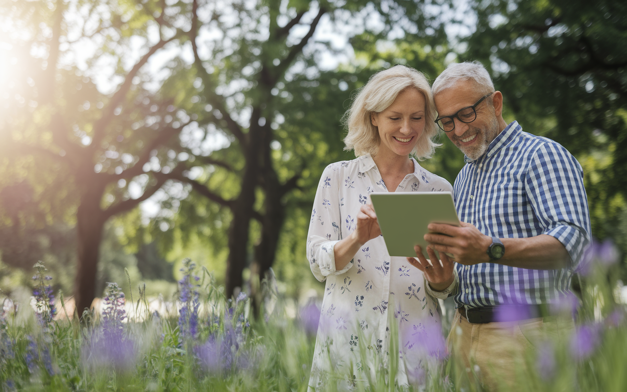 An inspiring scene of a serene park where a middle-aged couple happily discussing their travel plans while looking at a financial plan on a tablet. The sunlight shines brightly, casting a warm glow, symbolizing optimism and confidence in their financial future. Surrounding them are blooming flowers and green trees, contributing to a peaceful, forward-looking environment.