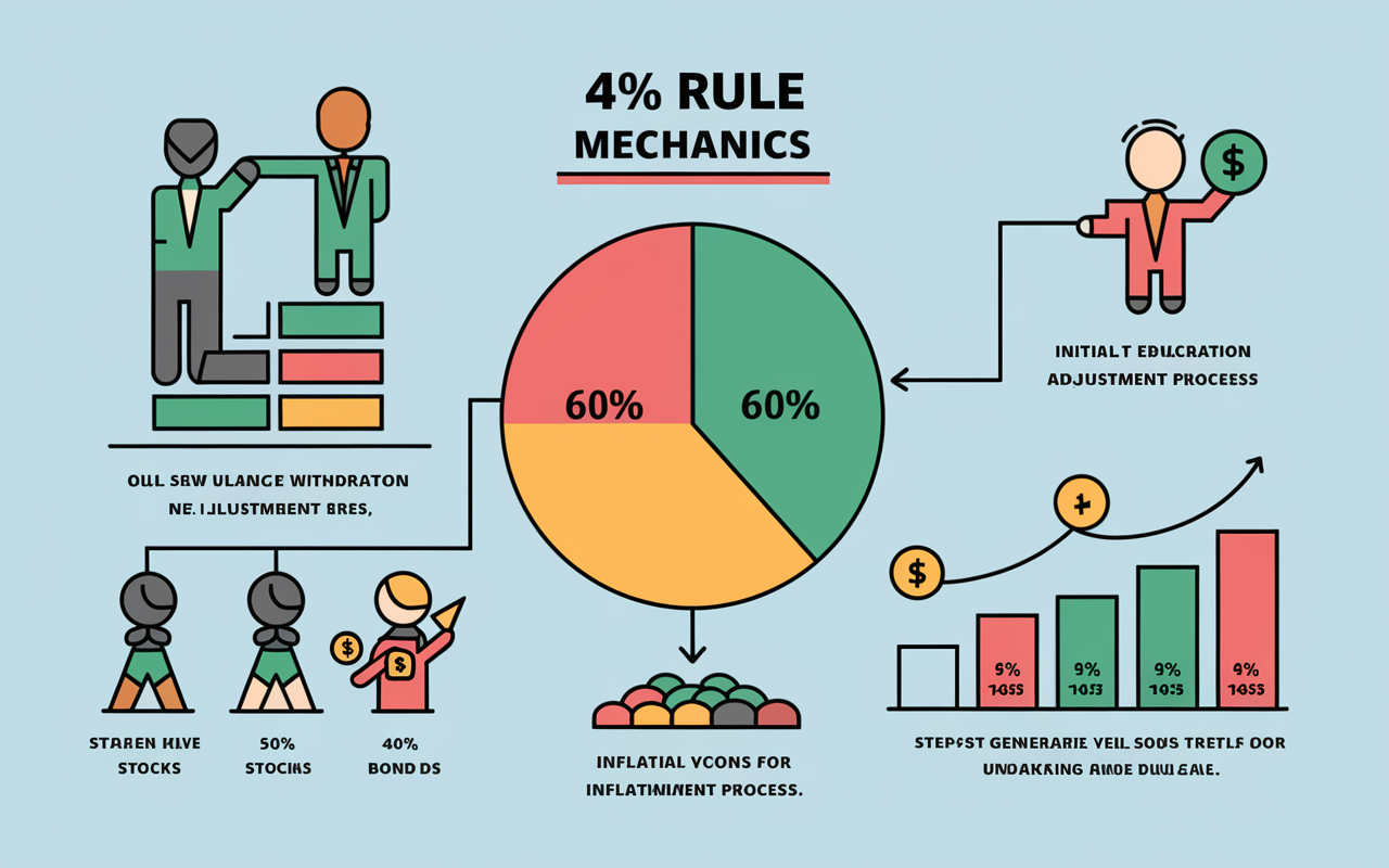 A visually engaging infographic depicting the 4% rule mechanics. Include elements like a pie chart illustrating a balanced portfolio split between 60% stocks, 40% bonds, and step-by-step icons for the initial withdrawal and inflation adjustment process. Vibrant colors coupled with clear labels make it educational yet visually appealing.