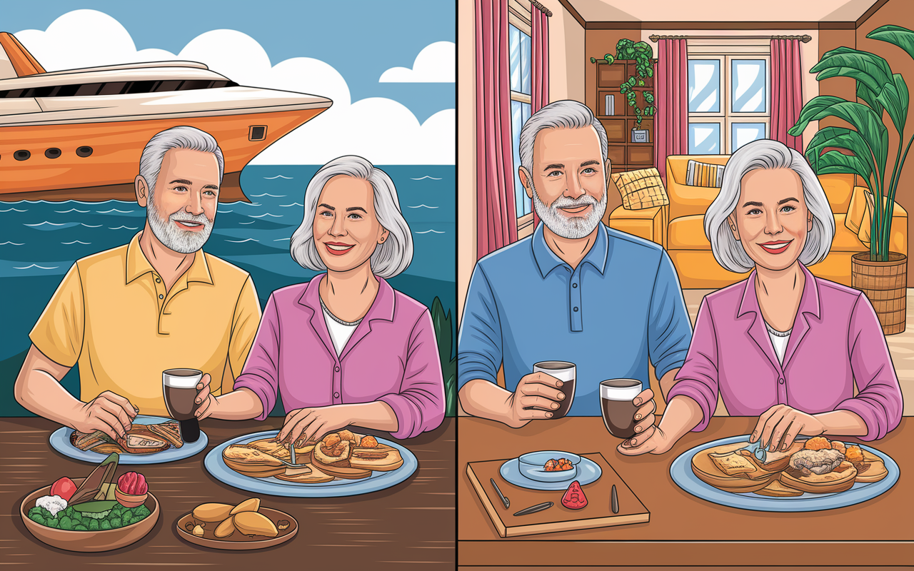 A split-screen illustration depicting two different retired couples. One couple is enjoying a luxurious travel experience in an exotic location, while the other is shown engaging in a modest, serene lifestyle at home. The setting is filled with personal touches and choices reflecting their individual retirement styles, emphasizing the diversity in retirement experiences.