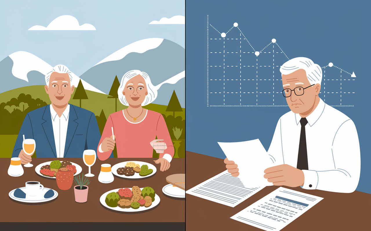 A split-image showing two different scenarios: on one side, a happy couple enjoying various retirement activities like traveling and dining, reflecting a successful implementation of the 4% rule; on the other, a worried retiree assessing financial documents with a declining graph in the background, highlighting the cautionary tale of overspending without monitoring market conditions.