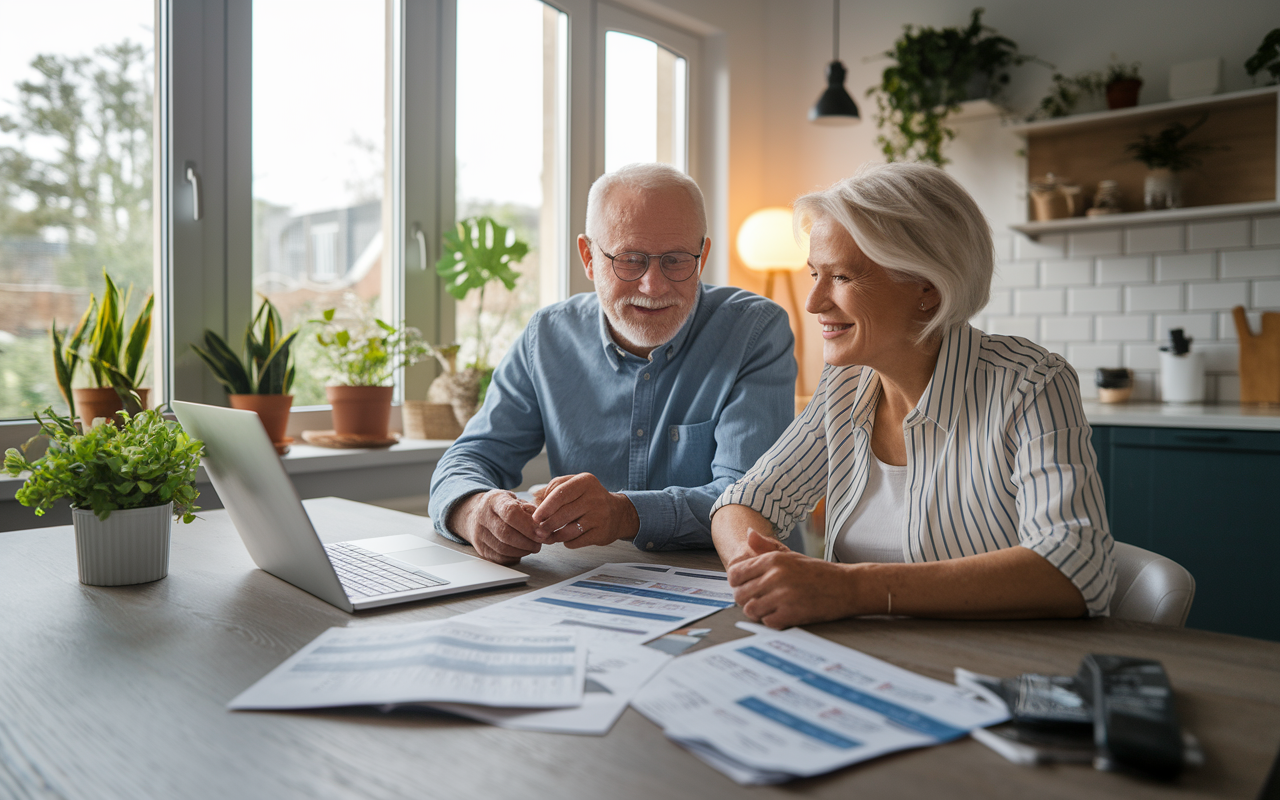 An elderly couple sitting at a modern kitchen table, surrounded by financial documents and a laptop, thoughtfully planning their retirement. The room is filled with natural light coming from large windows, and a cozy atmosphere is depicted through house plants and a softly glowing lamp. The couple looks engaged and optimistic as they discuss their finances, representing the proactive approach to delaying retirement for security and happiness.