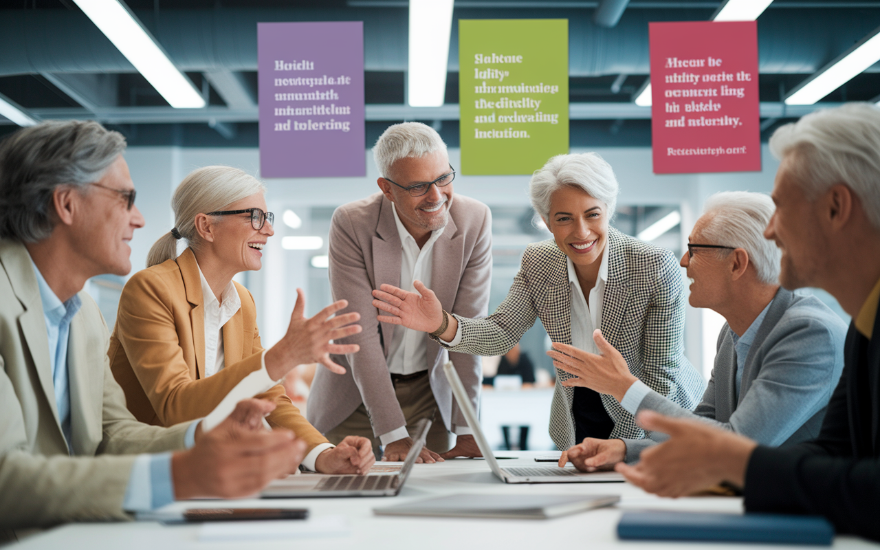 A dynamic office environment where older adults are actively participating in a team meeting. They are exchanging ideas and smiling, showcasing a sense of community and belonging. Bright office lighting illuminates the space, while motivational posters on the walls promote age diversity and inclusion. The scene captures the vitality and engagement that come with delaying retirement and remaining professionally active.