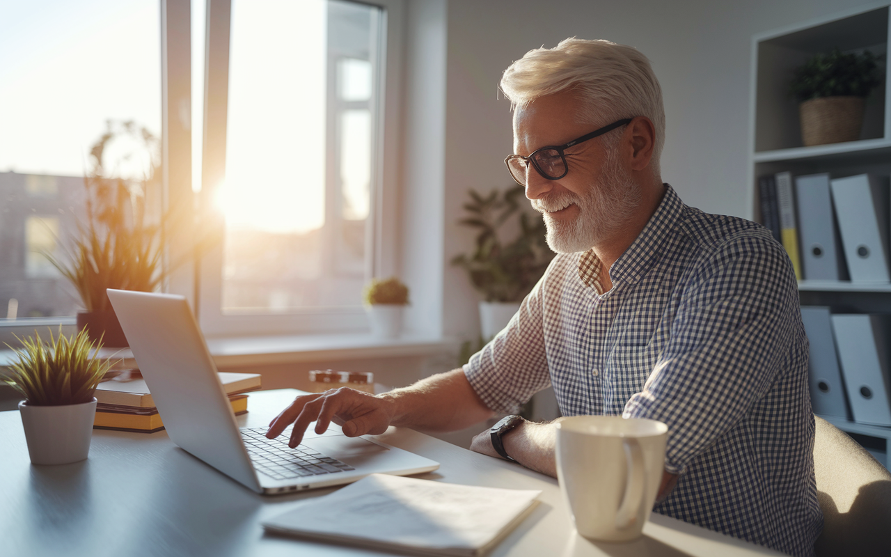 An older adult navigating online freelance opportunities at home, paired with a bright, inviting workspace featuring a laptop, coffee mug, and inspirational materials on a nearby shelf. The warm glow of the afternoon sun streams through a window, symbolizing hope and flexibility in work choices, as the individual appears focused and motivated, embodying the benefits of part-time engagement.