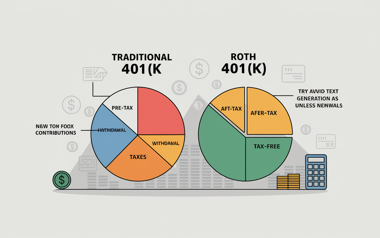 A clear, informative illustration showcasing the differences between a Traditional 401(k) and a Roth 401(k). On the left, a pie chart with labeled areas indicating pre-tax contributions and post-withdrawal taxes for the Traditional 401(k). On the right, a similar pie chart representing after-tax contributions and tax-free withdrawals for the Roth 401(k). The background is a subtle gradient emphasizing a financial theme, with icons like dollar signs and calculators.