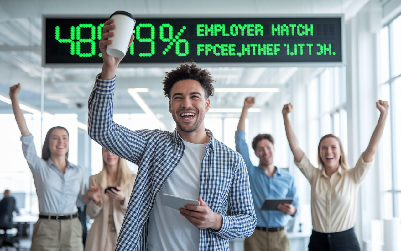 A joyful young employee raising a coffee cup in a celebratory manner as they meet their 401(k) contribution goals. In the background, a digital display shows the percentage of employer match received, symbolizing financial success and motivation. The office is bright and optimistic, representing a positive work environment with colleagues cheering.