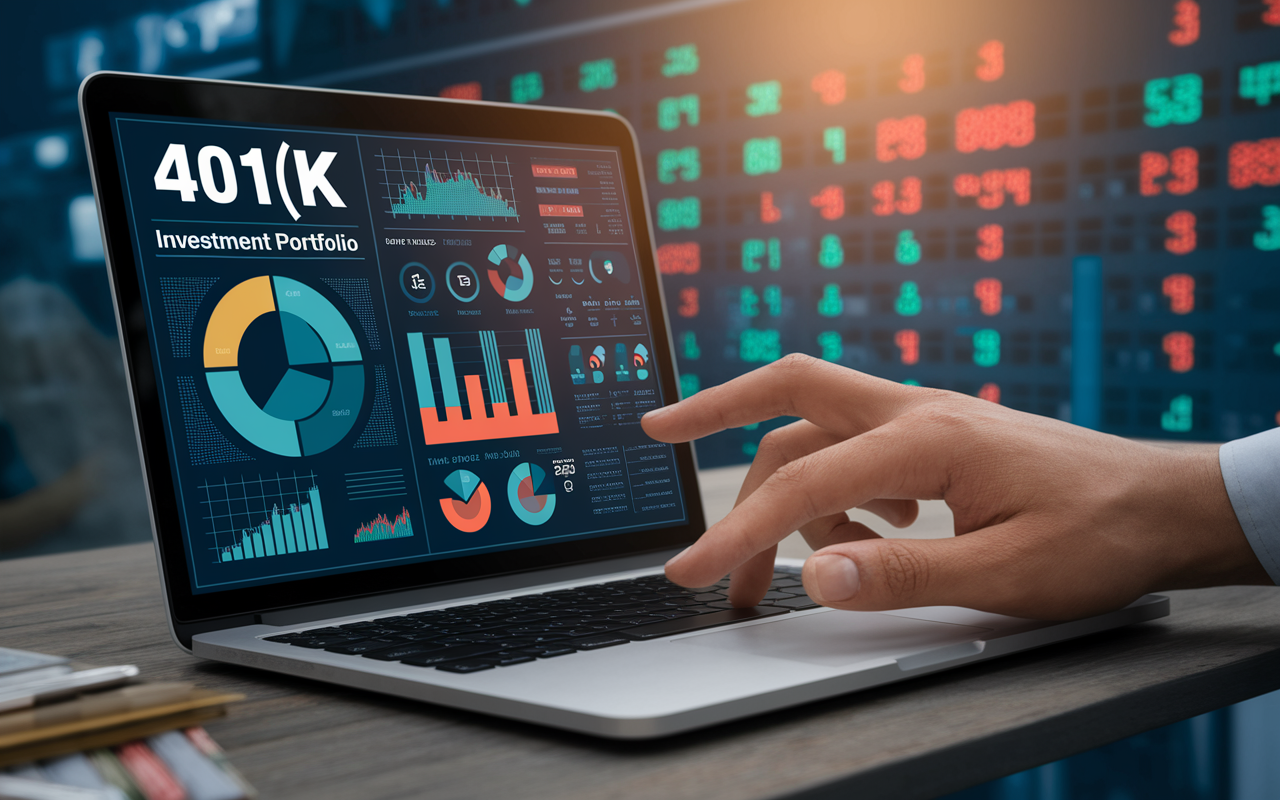 A sophisticated visual of a diversified 401(k) investment portfolio displayed on a modern laptop screen, showcasing various graphs and pie charts representing asset classes like stocks, bonds, and index funds. A hand hovers over the laptop keyboard, contemplating decisions, while background elements hint at a trading floor with digital stock tickers and finance-themed decor, invoking a sense of strategic investment.