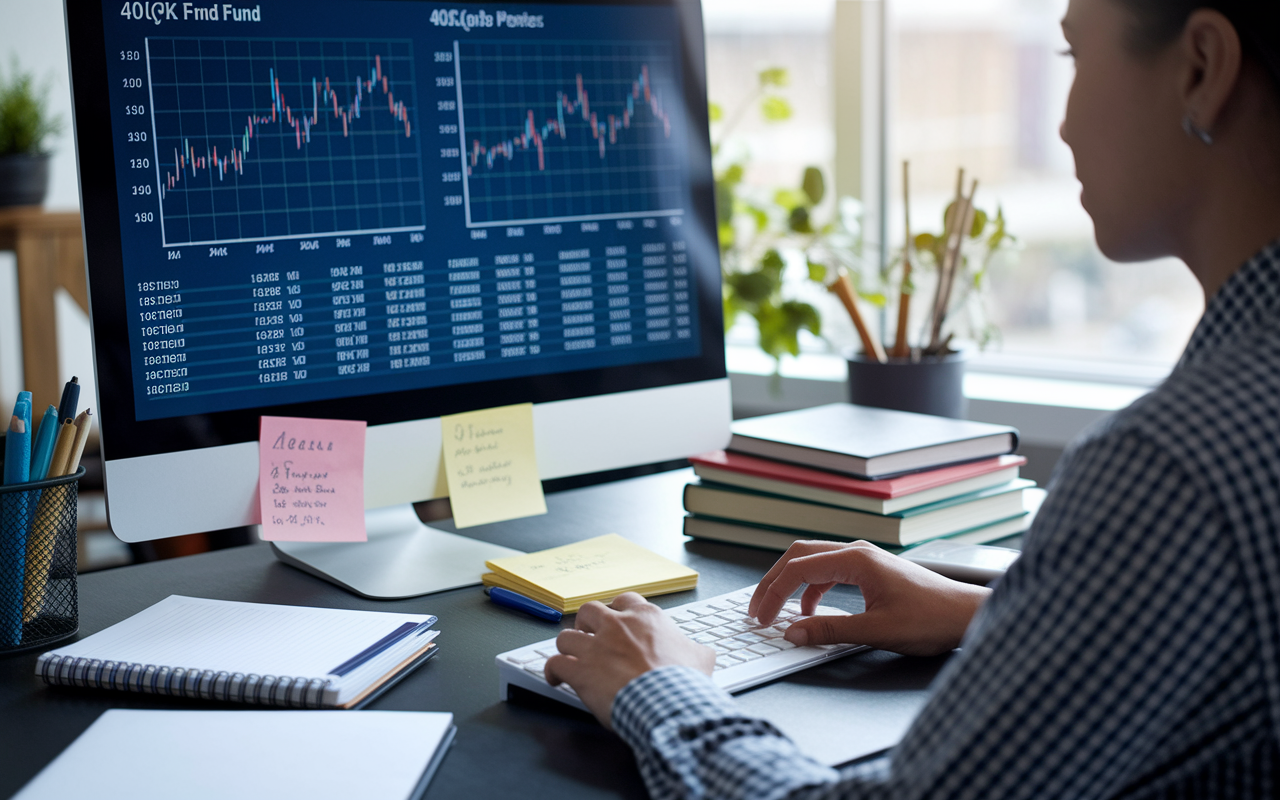 A focused individual sitting at a desk, examining a large monitor displaying detailed charts and graphs that reflect their 401(k) fund performance. The workspace is neat and organized, with financial books and notepads scattered about, conveying a sense of diligence and responsibility. Soft, natural light from a nearby window enhances the feeling of productivity.