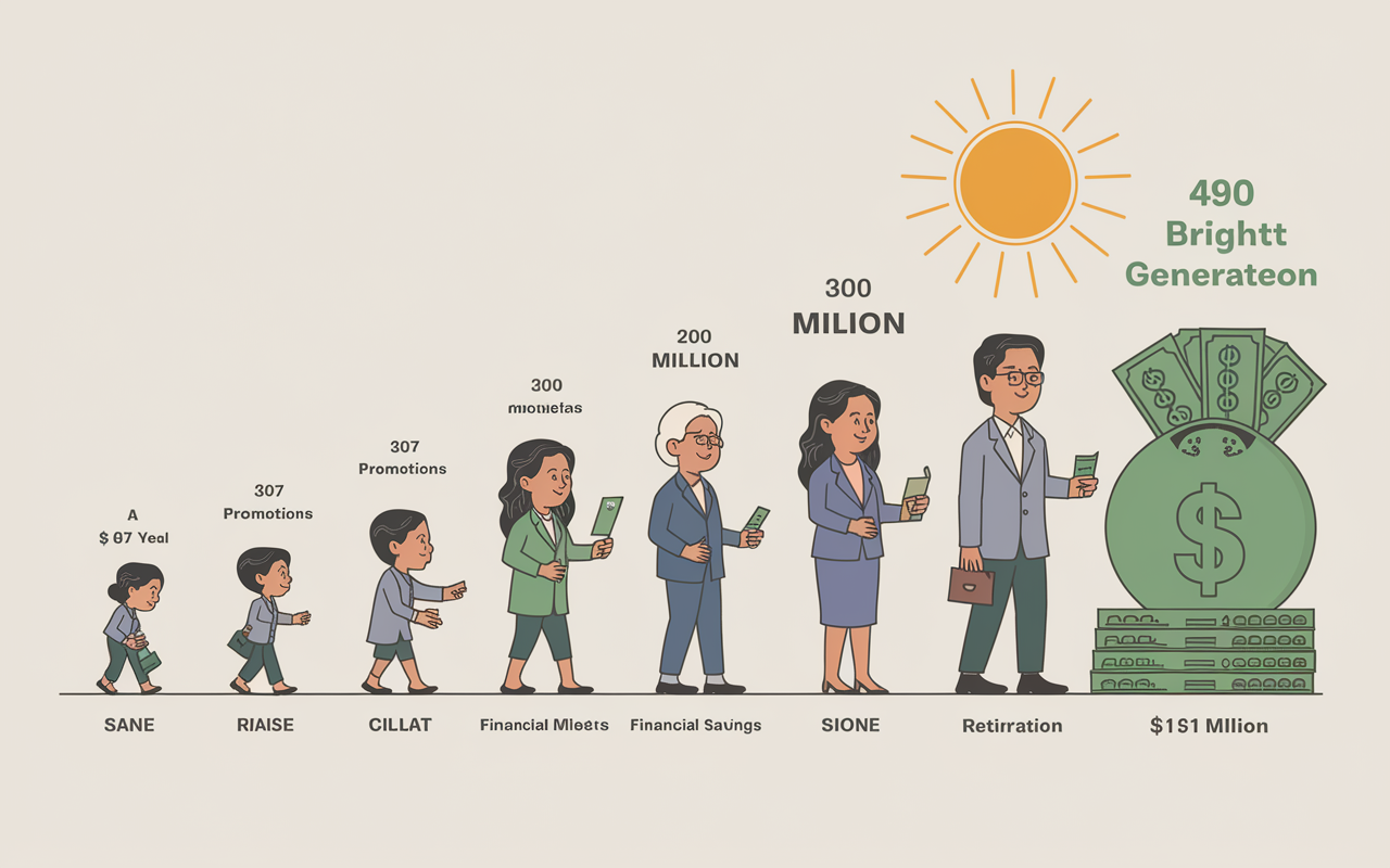 An illustrated timeline showcasing Jane's journey with her 401(k) contributions over 30 years. The left side begins with a young Jane working at her first job, evolving successively through promotions and raises, with each point marked by rising dollar signs, financial milestones, and increased savings, culminating in a vibrant image of Jane celebrating her retirement with a balance of over $1 million. A bright sun symbolizes a bright financial future.