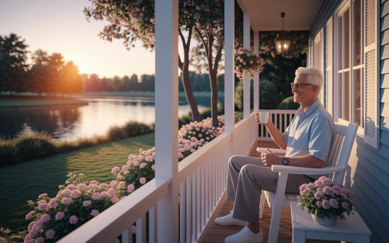 A serene landscape depicting a happy retiree enjoying life, emphasizing the peace of mind that comes from maximizing a 401(k). The scene features a picturesque garden with blooming flowers and a retired individual sipping coffee on a calming porch overlooking a tranquil lake. The warm, golden glow of the evening sun suggests fulfillment and the realization of financial dreams.