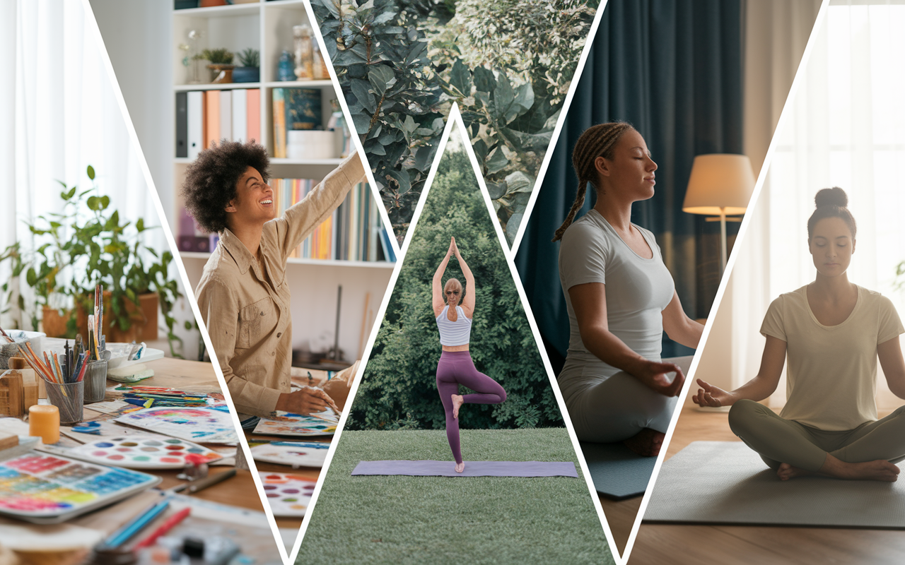 A collage featuring a diverse range of self-care activities that promote work-life balance. In one frame, a person joyfully painting in a bright, cozy studio filled with art supplies. Another frame shows an individual practicing yoga in a peaceful outdoor setting, surrounded by lush greenery. Lastly, a scene of someone meditating in a tranquil room, soft light streaming in, evoking a sense of calm. The images seamlessly blend together to create an atmosphere of relaxation and fulfillment, showcasing the importance of personal time amidst busy schedules.