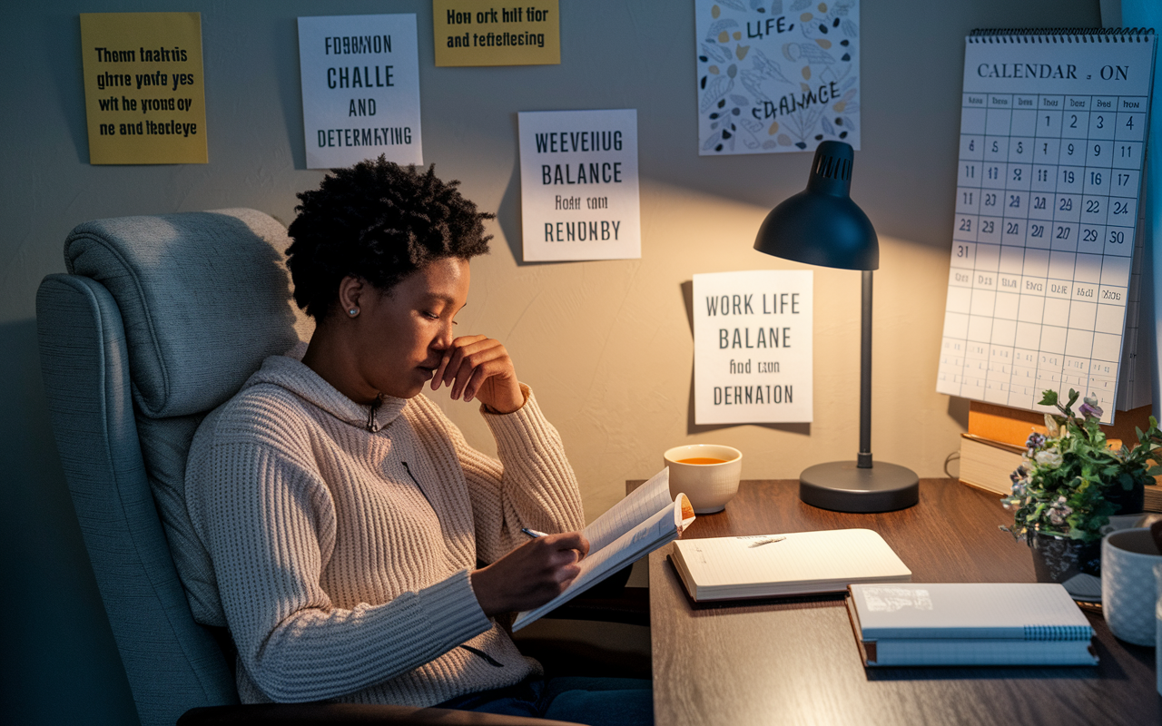 An introspective scene depicting an individual in a cozy home office, sitting in a comfortable chair with a journal and a cup of tea. The person is thoughtfully reviewing notes and reflecting on their work-life balance strategies, surrounded by motivational quotes on the wall and a soft glow from a desk lamp. A calendar displaying personal and work commitments hangs nearby, symbolizing organization and planning. The atmosphere exudes calm and determination, with rich, warm colors fostering a sense of safety and self-discovery.