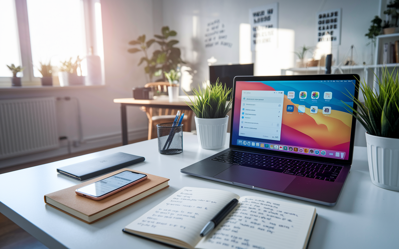 A modern workspace merging technology and wellness, featuring a laptop open with productivity apps displayed, a smartphone with reminders on a side table, and a journal with handwritten goals. The scene is set in a bright, minimalist home office, with sunlight streaming through the window, plants adding a touch of greenery, and motivational quotes adorning the walls. The atmosphere balances professionalism with serenity, highlighting how technology aids in achieving work-life balance in a busy world.