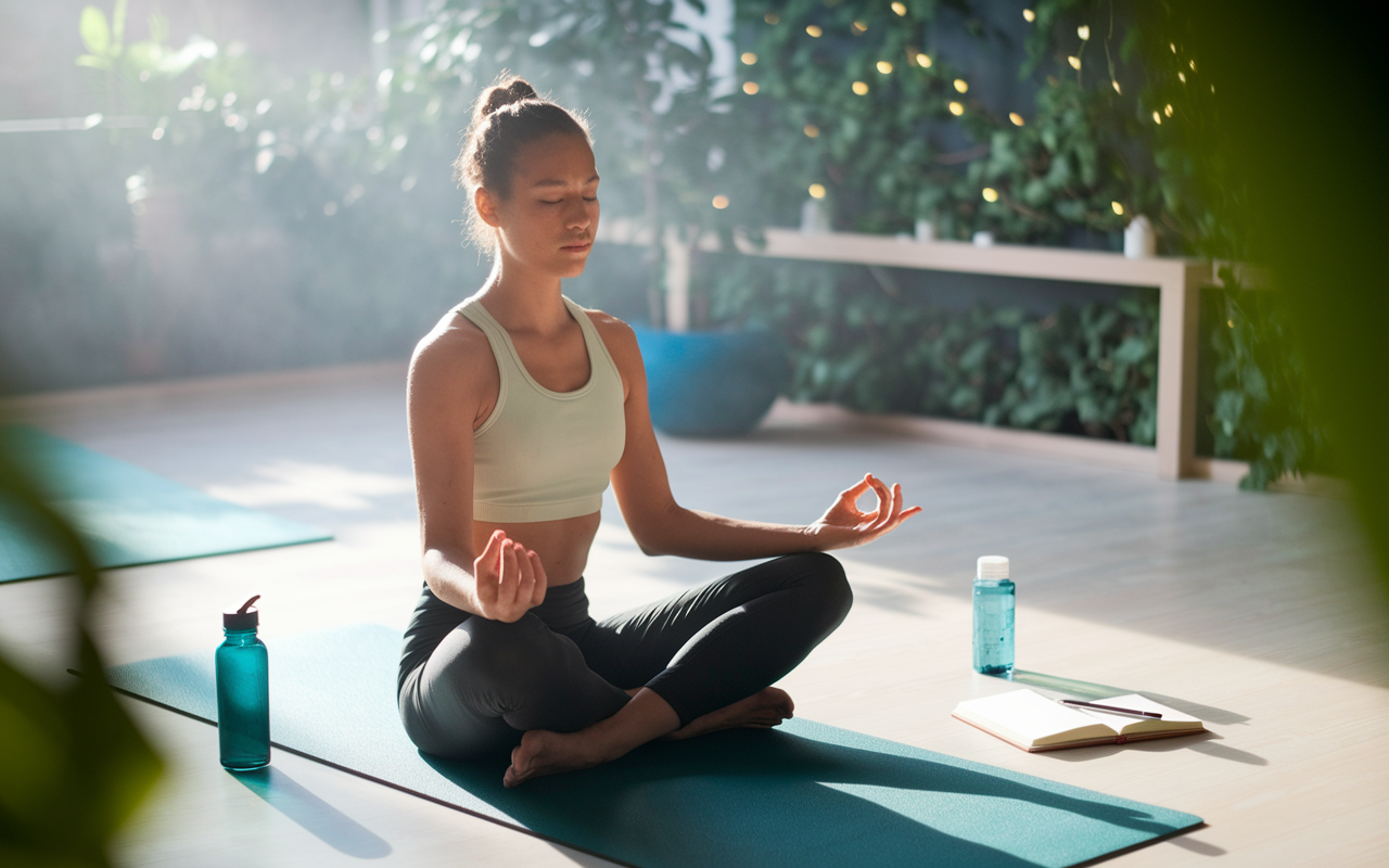 An individual practicing yoga in a sunlit room, surrounded by peaceful greenery. The person is in a meditative pose, with soft light highlighting their tranquil expression. A yoga mat, a water bottle, and a journal with a pen are nearby, indicating a commitment to self-care and mindfulness. The atmosphere is calm and serene, with nature sounds subtly implied.