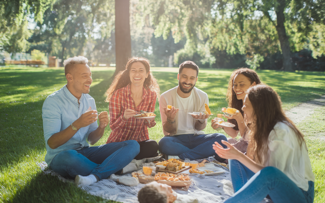 A vibrant group of friends picnicking in a sun-drenched park, sharing laughter and food. The scene captures a diverse group, with various blankets and food spread out on the grass, surrounded by the lush greenery of trees. Soft sunlight creates dappled patterns, enhancing the joyful atmosphere. Their expressions of happiness illustrate the importance of social interactions for mental health.