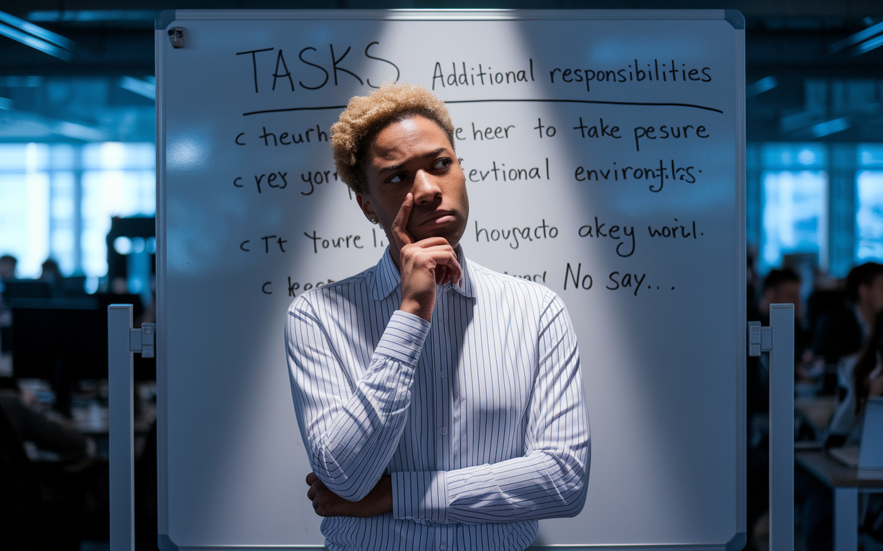 A thoughtful individual standing in front of a whiteboard with tasks listed. They appear contemplative, considering whether to take on additional responsibilities. The background shows a busy office environment, emphasizing work pressure. A gentle beam of light highlights the person as they practice self-assertiveness by evaluating their capabilities to say no.