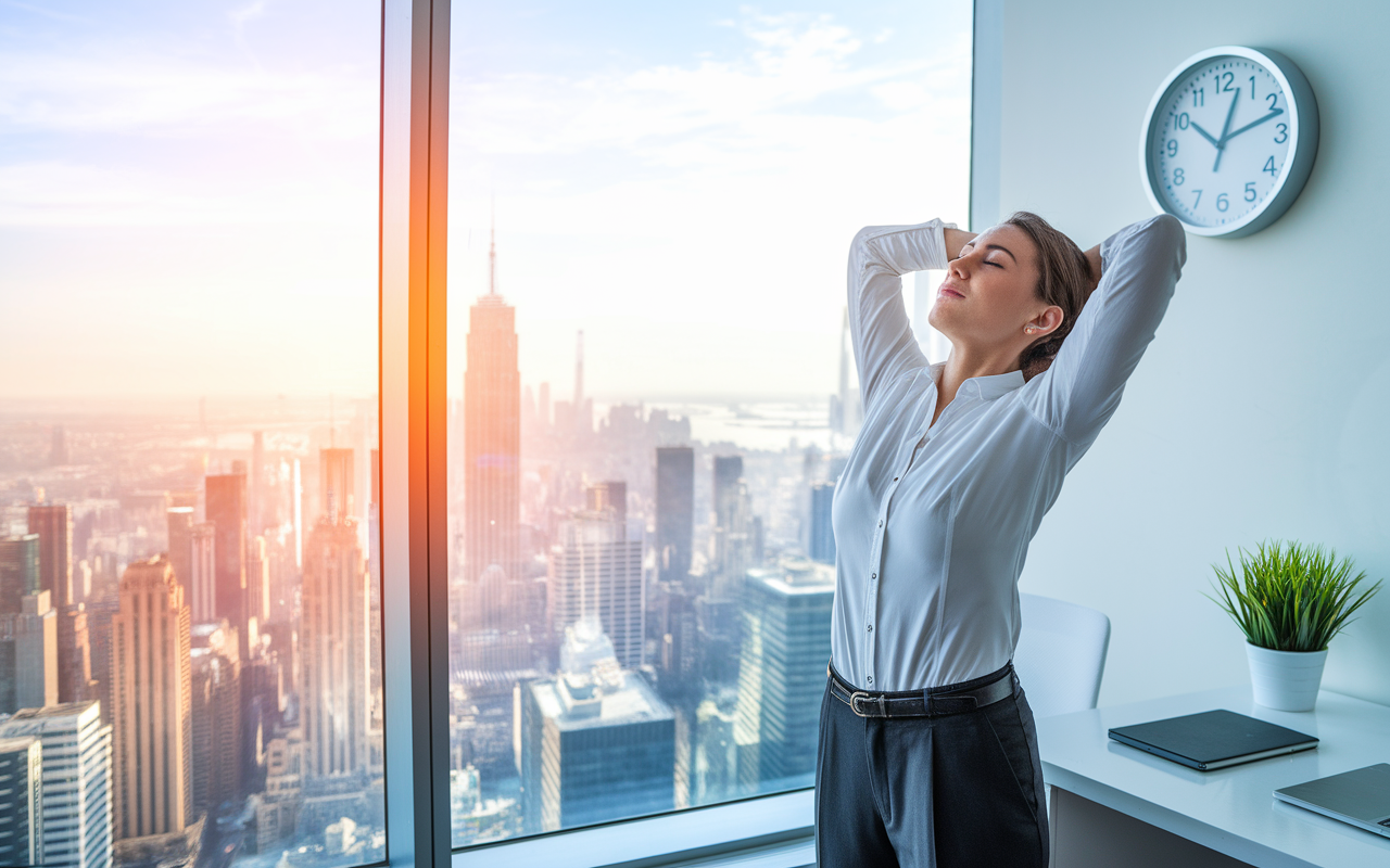 A bright office space where a professional is taking a short break, standing near a window with a spectacular city view. The person is stretching and breathing deeply, showing relaxation amidst a busy workday. A clock on the wall indicates time for a break, with a small potted plant on the desk adding a touch of nature. The overall atmosphere is rejuvenating and optimistic.