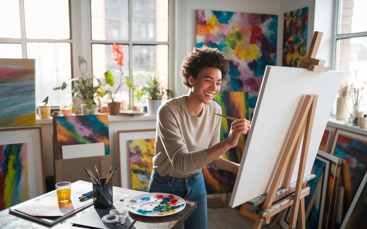 A cheerful individual painting on a canvas in a cozy, well-lit studio filled with art supplies. The room is adorned with colorful paintings and art pieces, reflecting creativity and passion. Natural light floods through large windows, illuminating the joyful expression on their face as they immerse themselves in their art. The scene evokes a sense of fulfillment and inspiration.